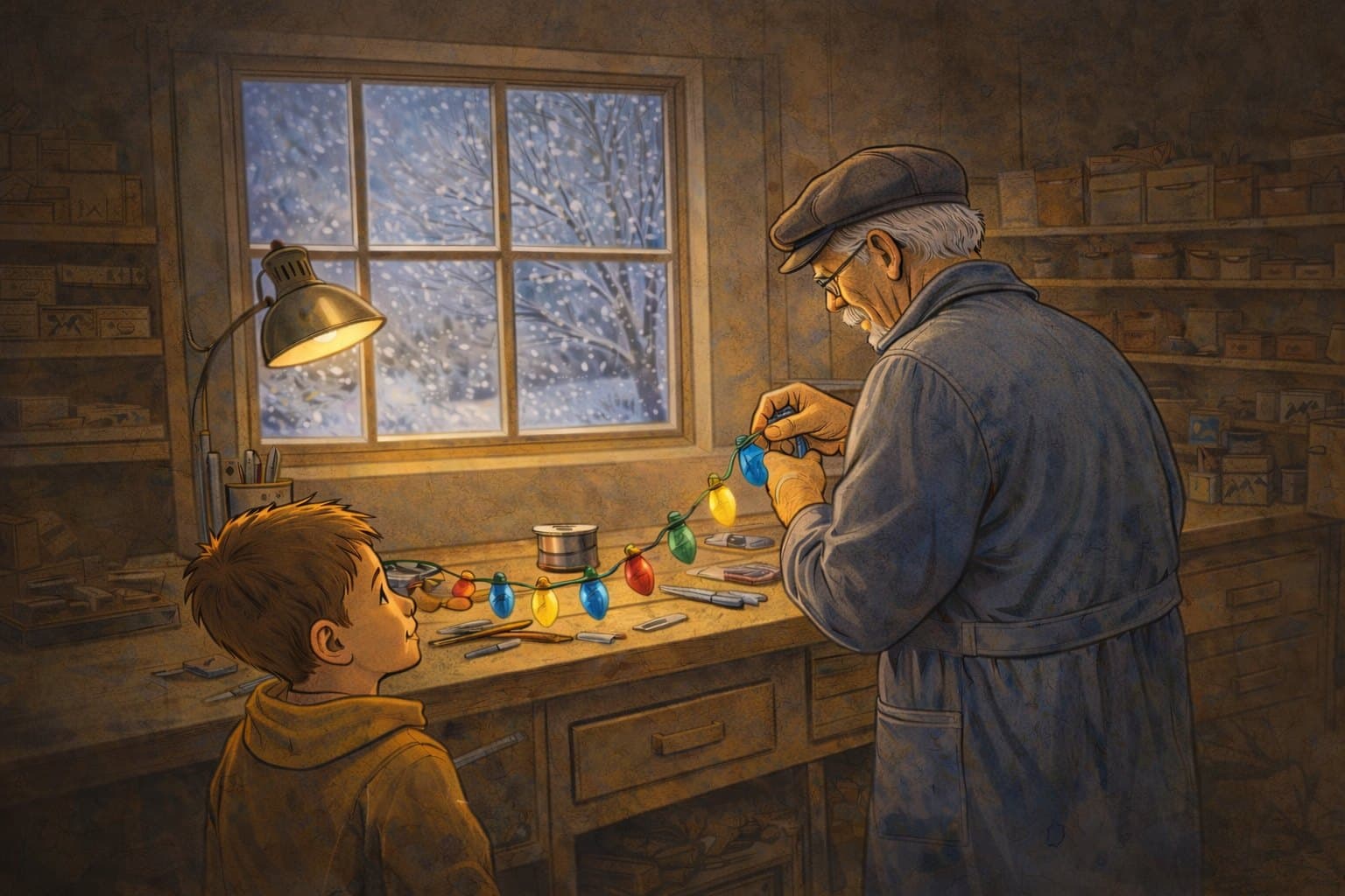 Dans l'atelier enneigé, le petit Jean-Charles regarde son grand-père monter une guirlande de Noël.