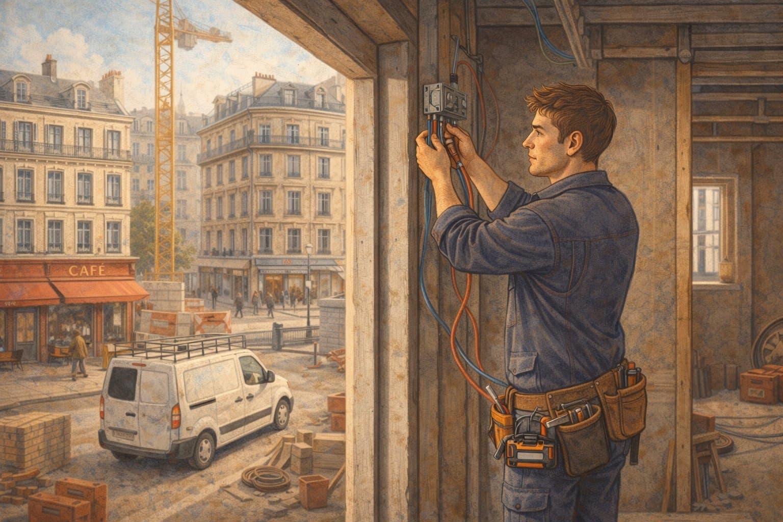 Sur un chantier urbain, il raccorde un boîtier, le camion garé dans la rue.