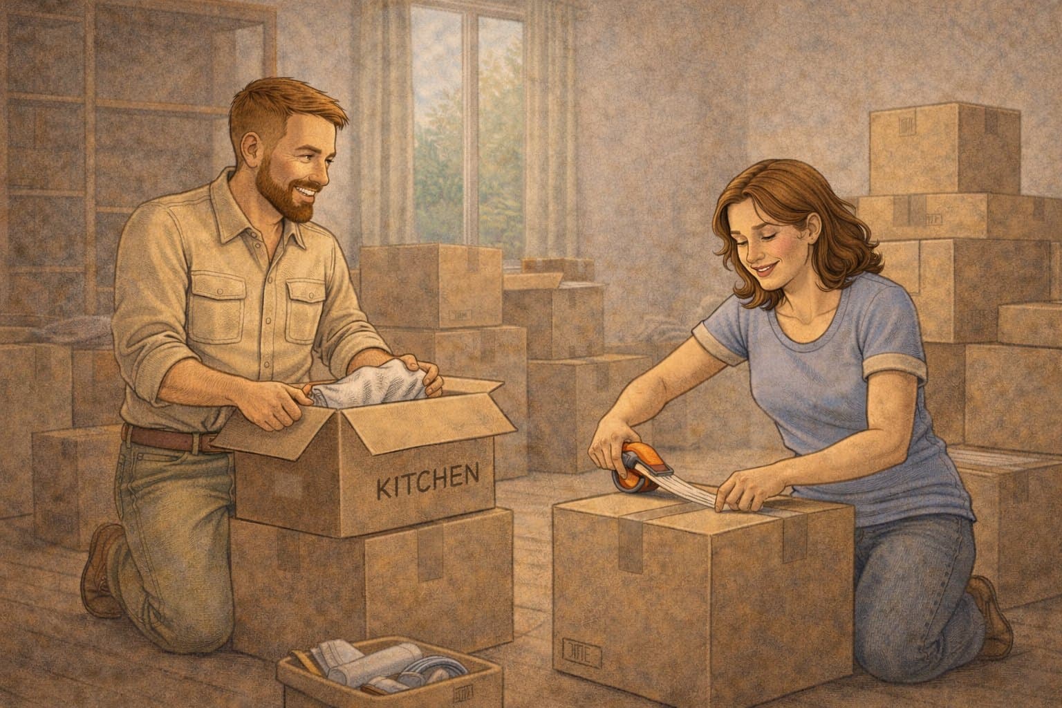 Le couple emballe ses affaires dans des cartons.