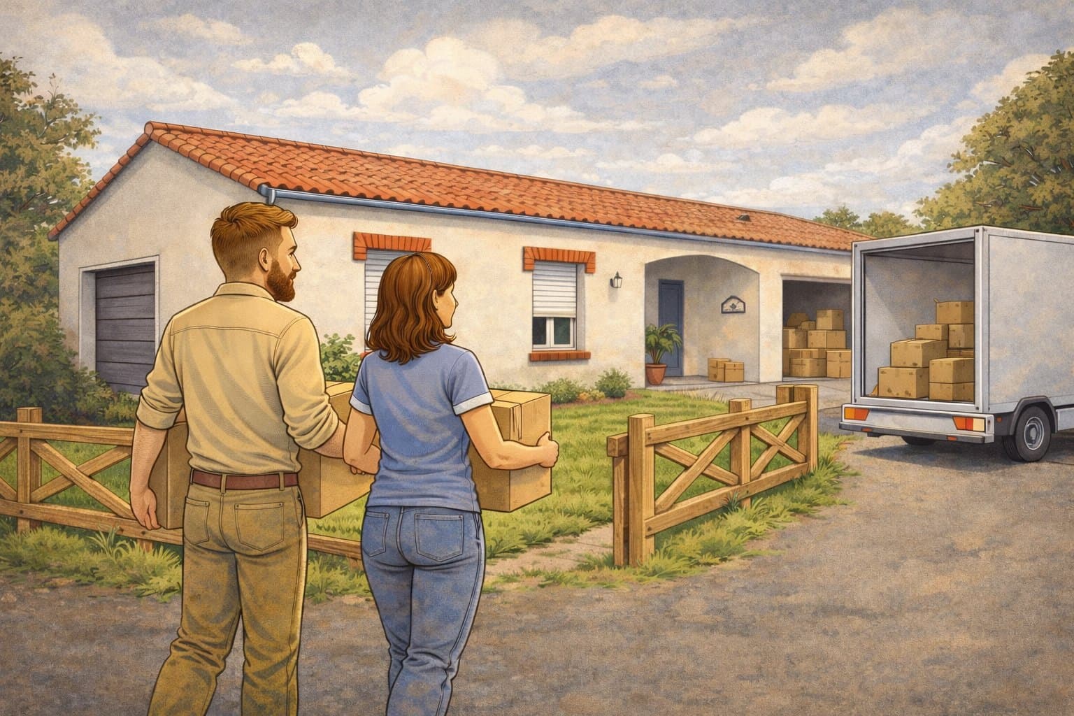 Cartons en main, le couple découvre sa nouvelle maison, camion de déménagement ouvert.