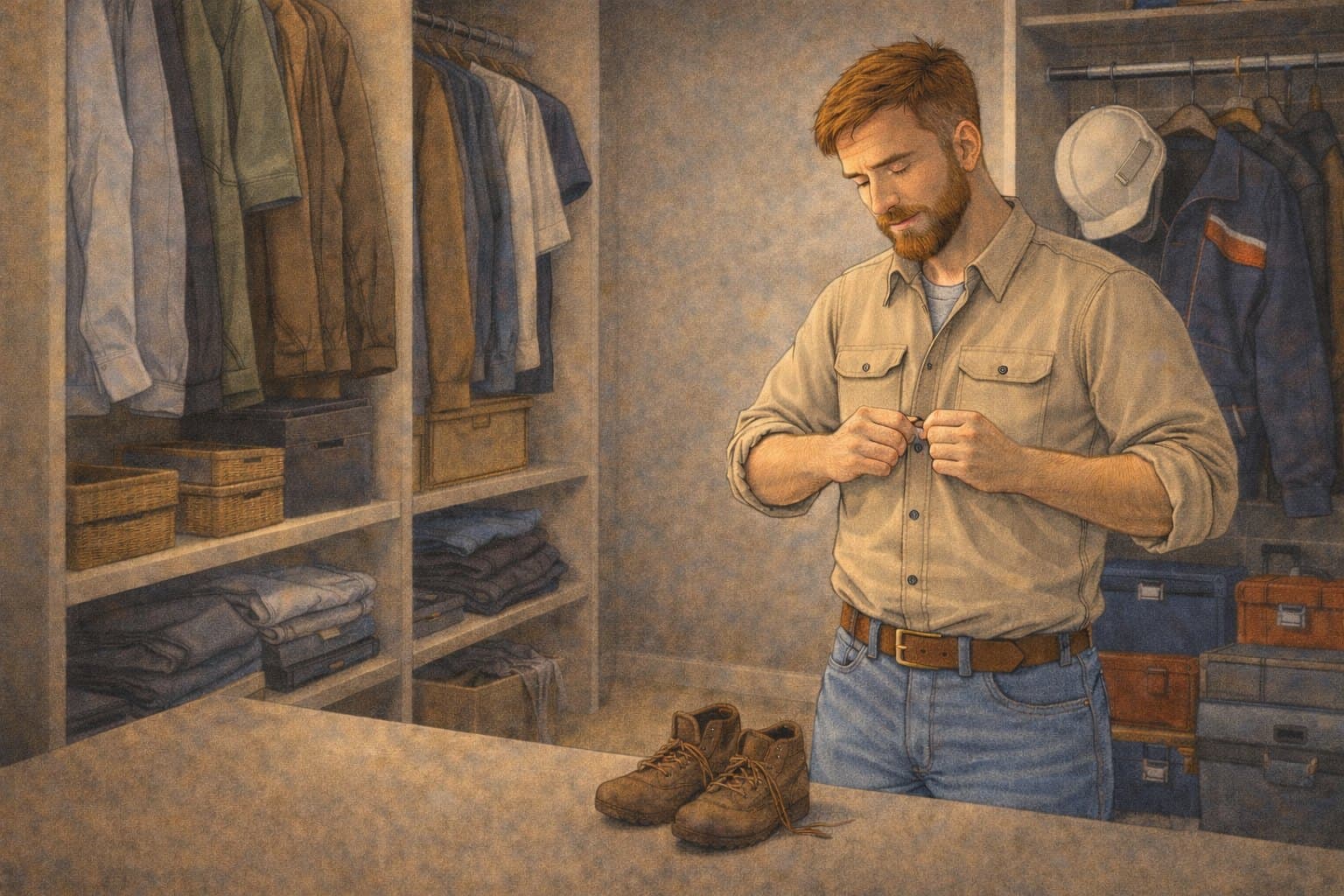 Devant le dressing, il boutonne sa chemise de travail, les bottes posées au sol.