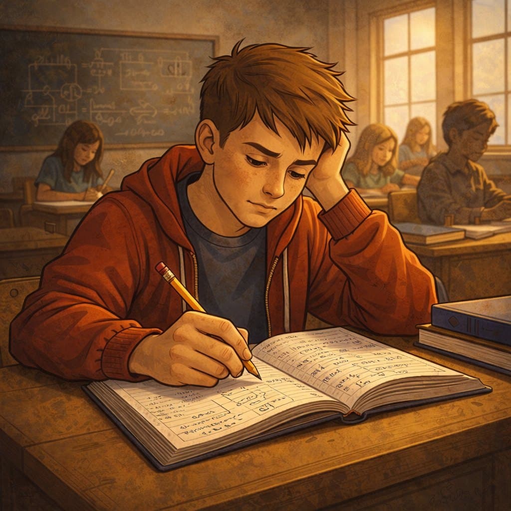 Jean-Charles adolescent, studieux, en classe.