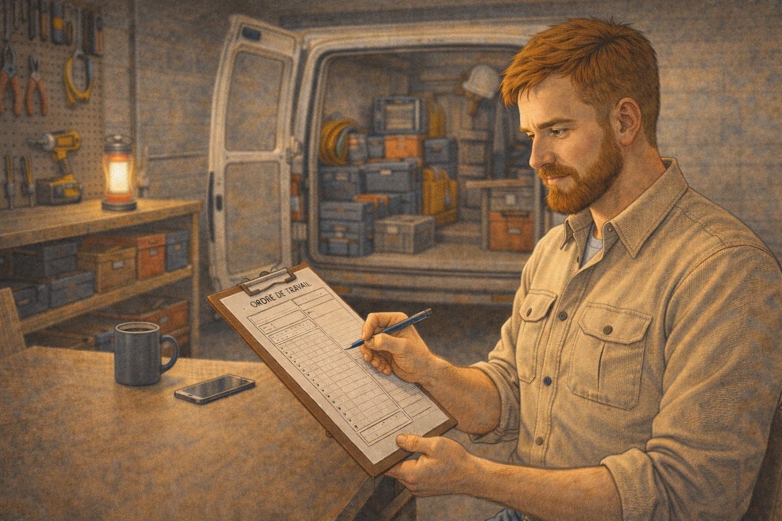 Devant le camion ouvert, il relit le bordereau du chantier.
