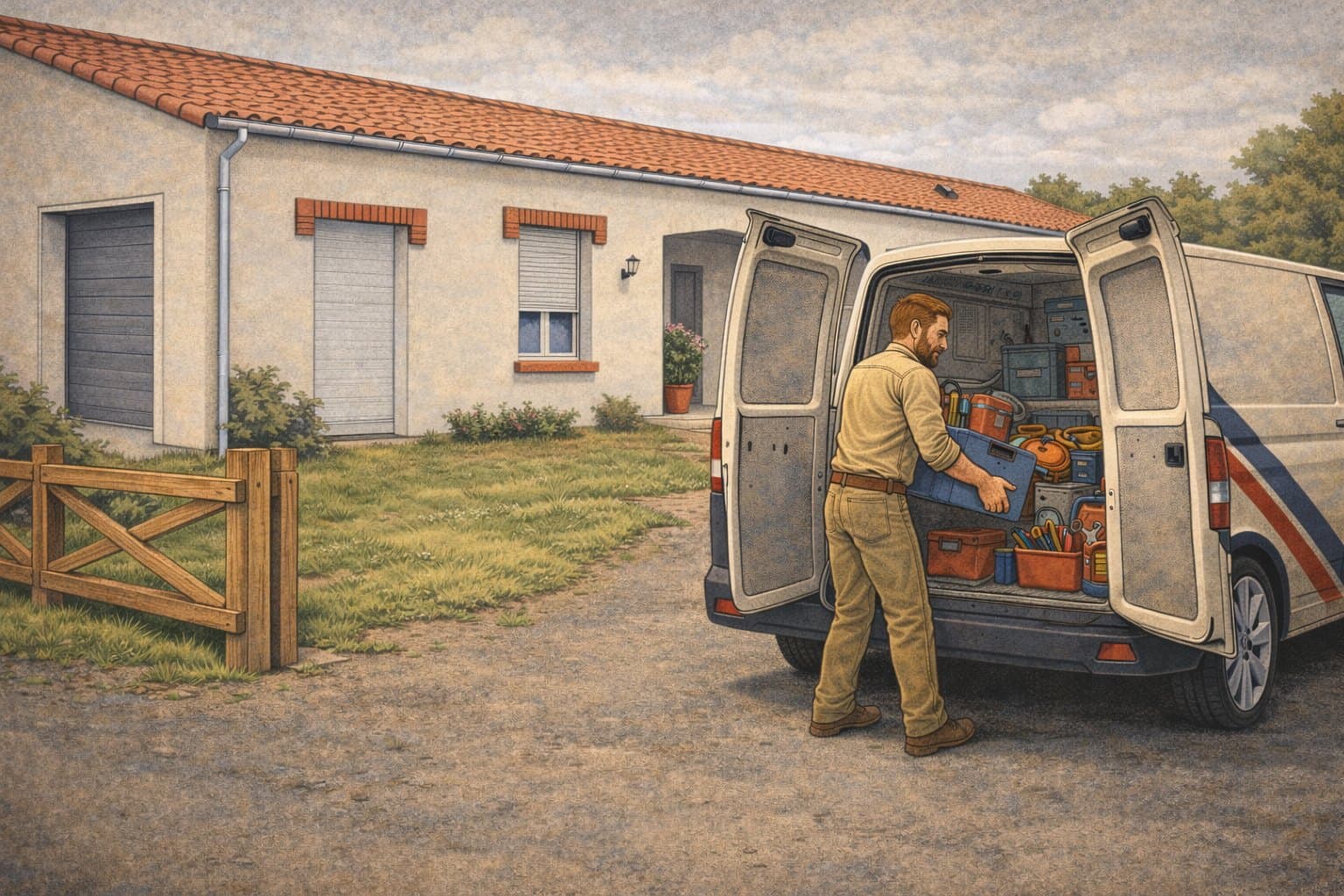 il charge le camion devant la maison. Correspond à « charger le camion » dans sa routine du matin ; s'insérerait naturellement après la case 18.