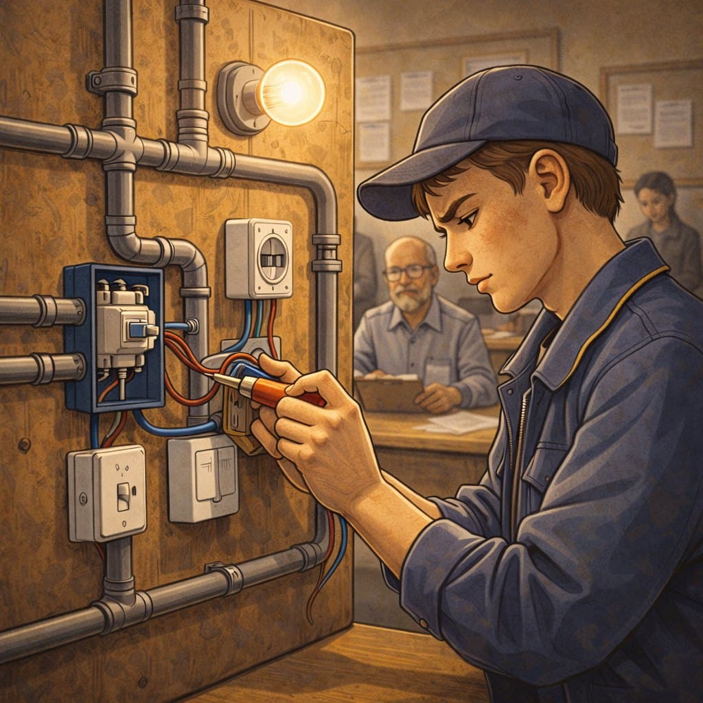 Jeune apprenti, il câble un tableau électrique sous l'œil de son formateur.