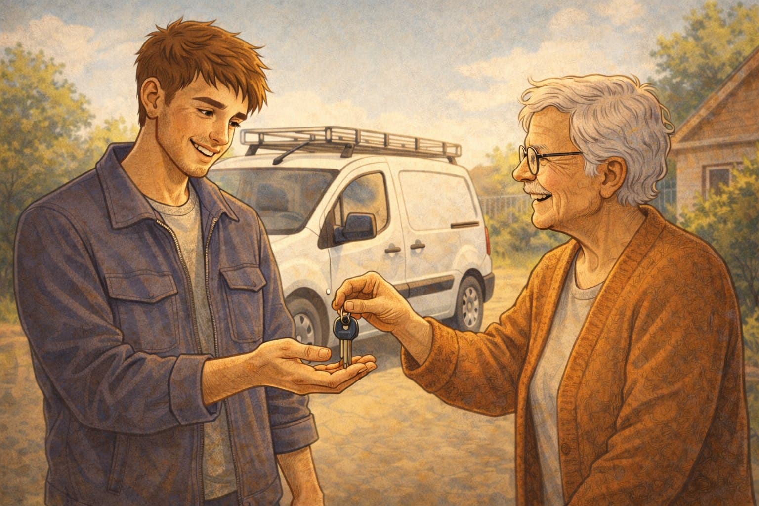 Sa grand-mère lui tend les clés d'un petit Berlingo blanc.