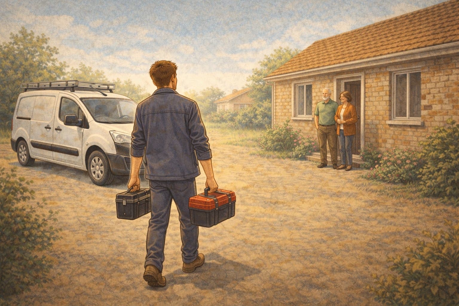 Caisses à outils en main, il marche vers la maison de ses premiers clients, un couple âgé sur le pas de la porte.