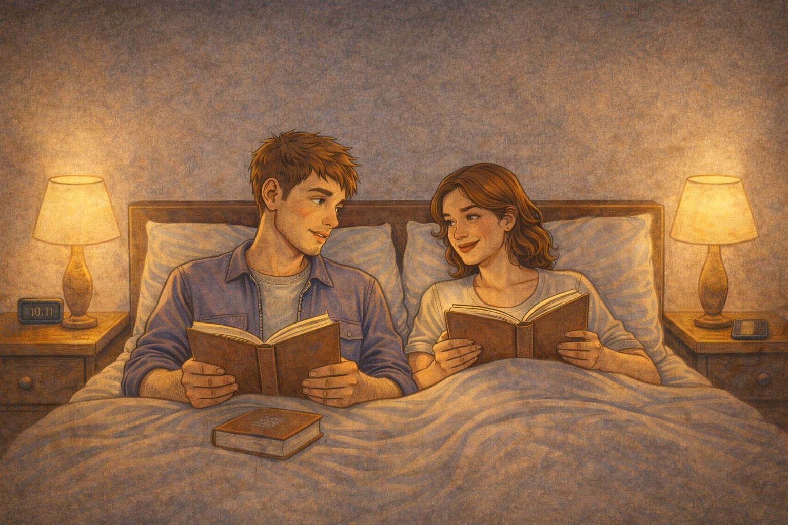 Jean-Charles et sa compagne lisent au lit et discutent.